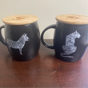 2 World Wildlife Fund Black Mug Tiger  Zebra Wood Lids/coasters